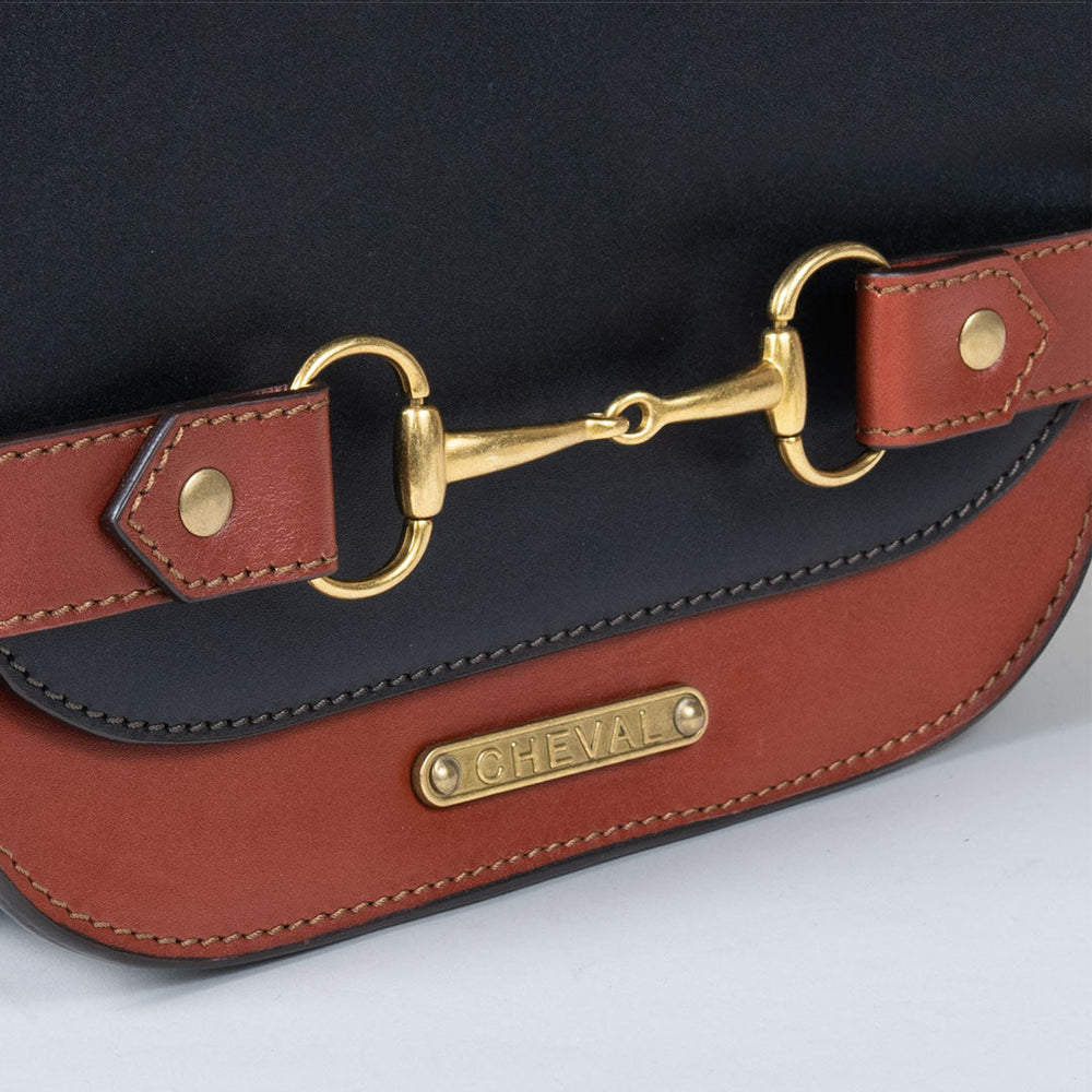 Saratoga- Horse Bit Crossbody Luxury Leather Handbag in Cognac on Black
