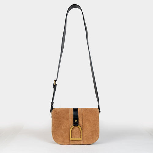 Signature Stirrup - Riding Stirrup Crossbody Luxury Leather Handbag in Black on Chestnut