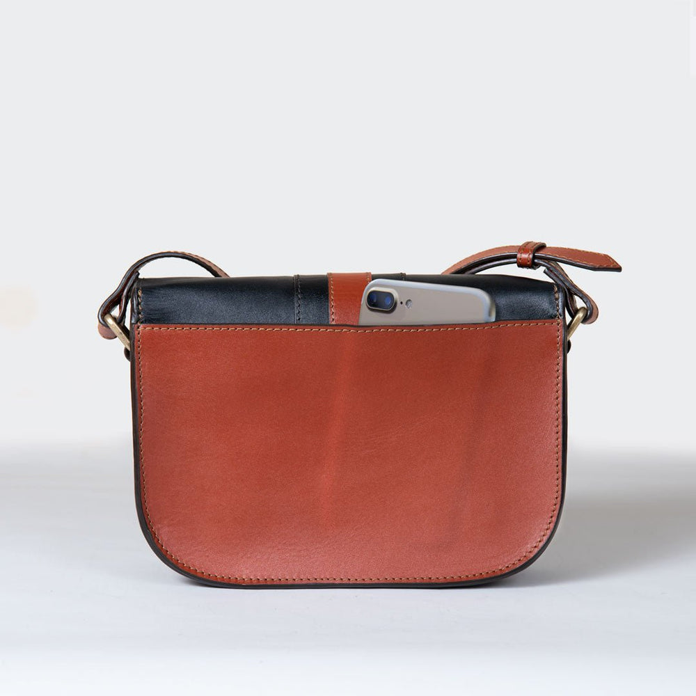 Signature Stirrup - Riding Stirrup Crossbody Luxury Leather Handbag in Cognac on Black