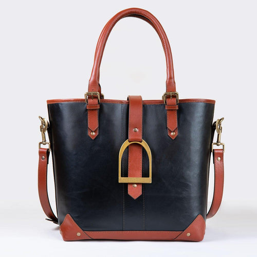 Signature - Riding Stirrup Tote Luxury Leather Handbag in Cognac on Black