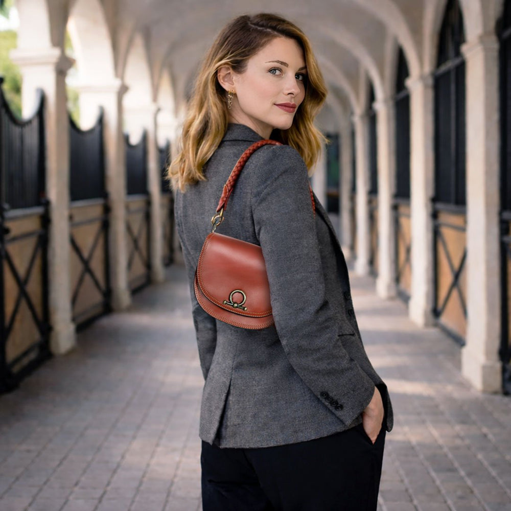 Coronado- Horse Bit Lock Luxury Leather Crossbody Handbag in Cognac
