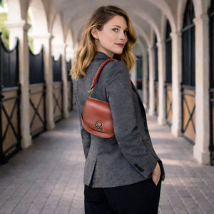 Coronado- Horse Bit Lock Luxury Leather Crossbody Handbag in Cognac