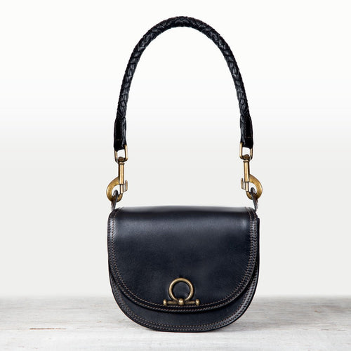Coronado- Horse Bit Lock Luxury Leather Crossbody Handbag in Black