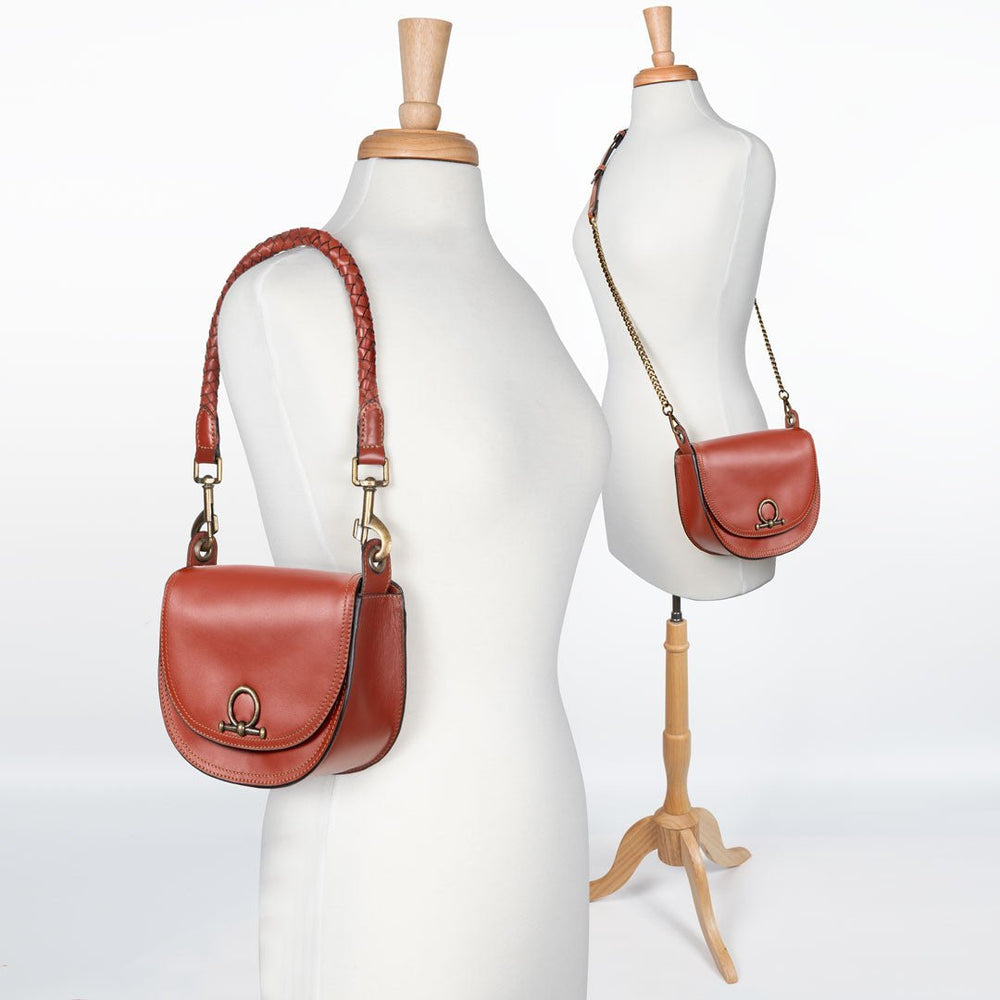 Coronado- Horse Bit Lock Luxury Leather Crossbody Handbag in Cognac