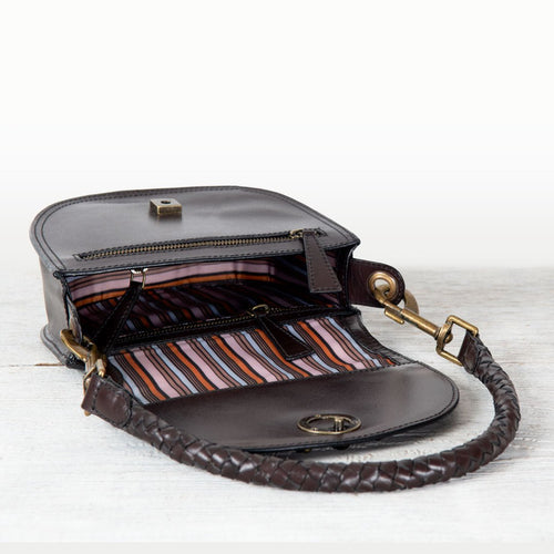 Coronado- Horse Bit Lock Luxury Leather Crossbody Handbag in Deep Brown