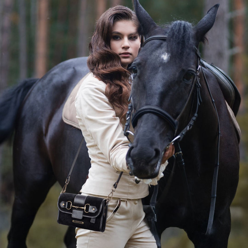 Dalton - Horse Bit Crossbody Luxury Leather Handbag in Black on Black