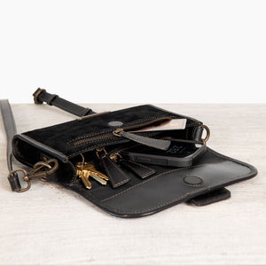 Dalton - Horse Bit Crossbody Luxury Leather Handbag in Black on Black