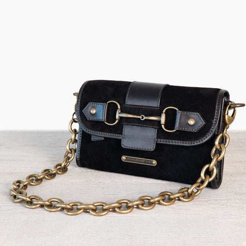 Dalton - Horse Bit Crossbody Luxury Leather Handbag in Black on Black