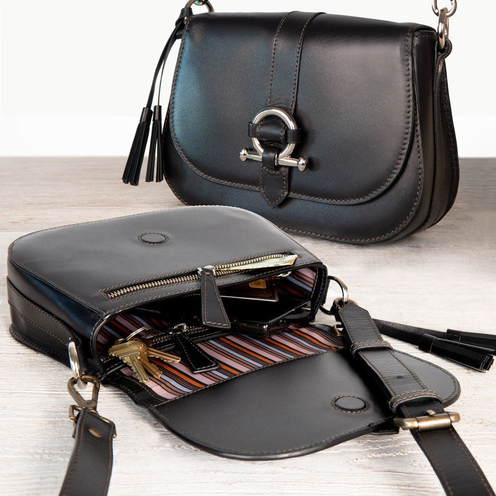 Del Rey - Equestrian Horse Bit Crossbody Luxury Leather Handbag in Black