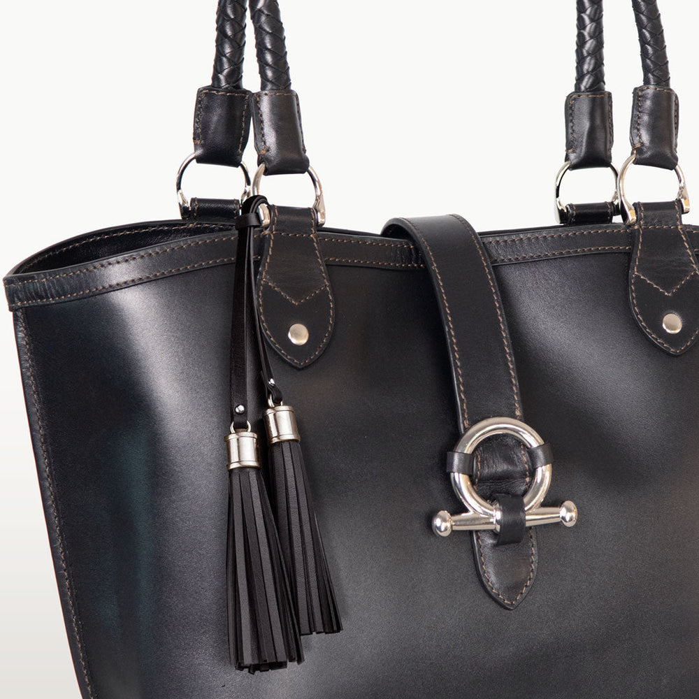 Del Rey -Horse Bit Tote Luxury Leather Handbag in Black