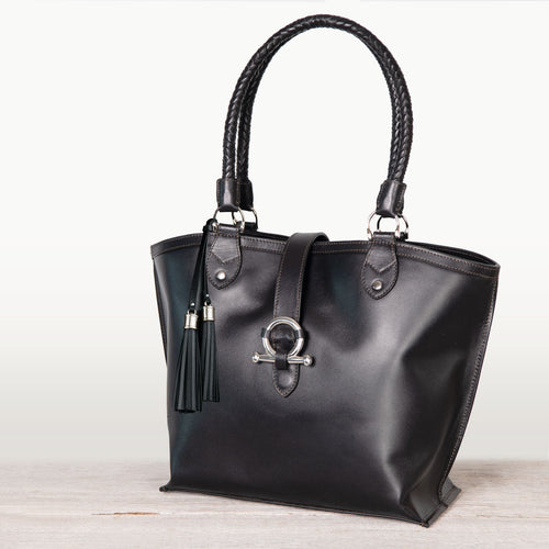Del Rey -Horse Bit Tote Luxury Leather Handbag in Black