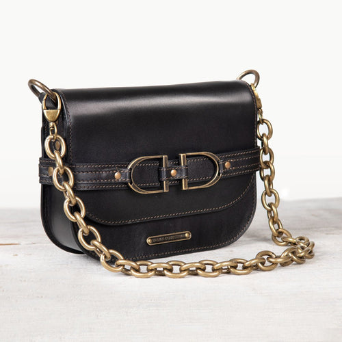 Delaney - Equestrian Stirrup Crossbody Luxury Leather Handbag in Black