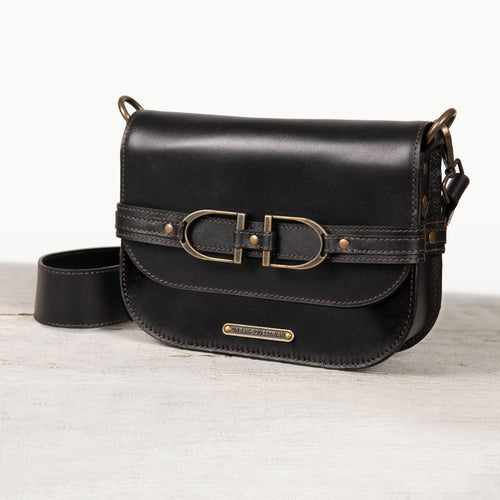 Delaney - Equestrian Stirrup Crossbody Luxury Leather Handbag in Black