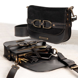 Delaney - Equestrian Stirrup Crossbody Luxury Leather Handbag in Black on Black