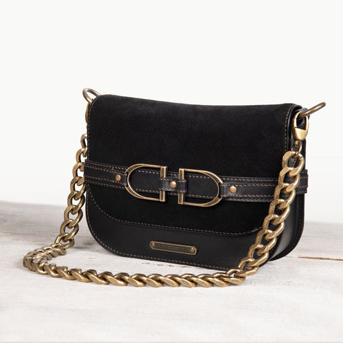 Delaney - Equestrian Stirrup Crossbody Luxury Leather Handbag in Black on Black