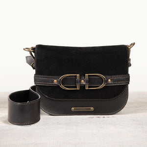 Delaney - Equestrian Stirrup Crossbody Luxury Leather Handbag in Black on Black