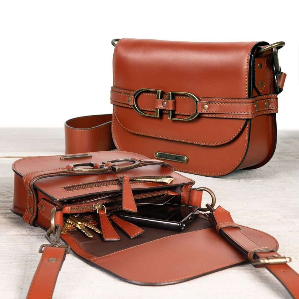Delaney - Equestrian Stirrup Crossbody Luxury Leather Handbag in Cognac