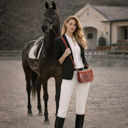 Delaney - Equestrian Stirrup Crossbody Luxury Leather Handbag in Cognac