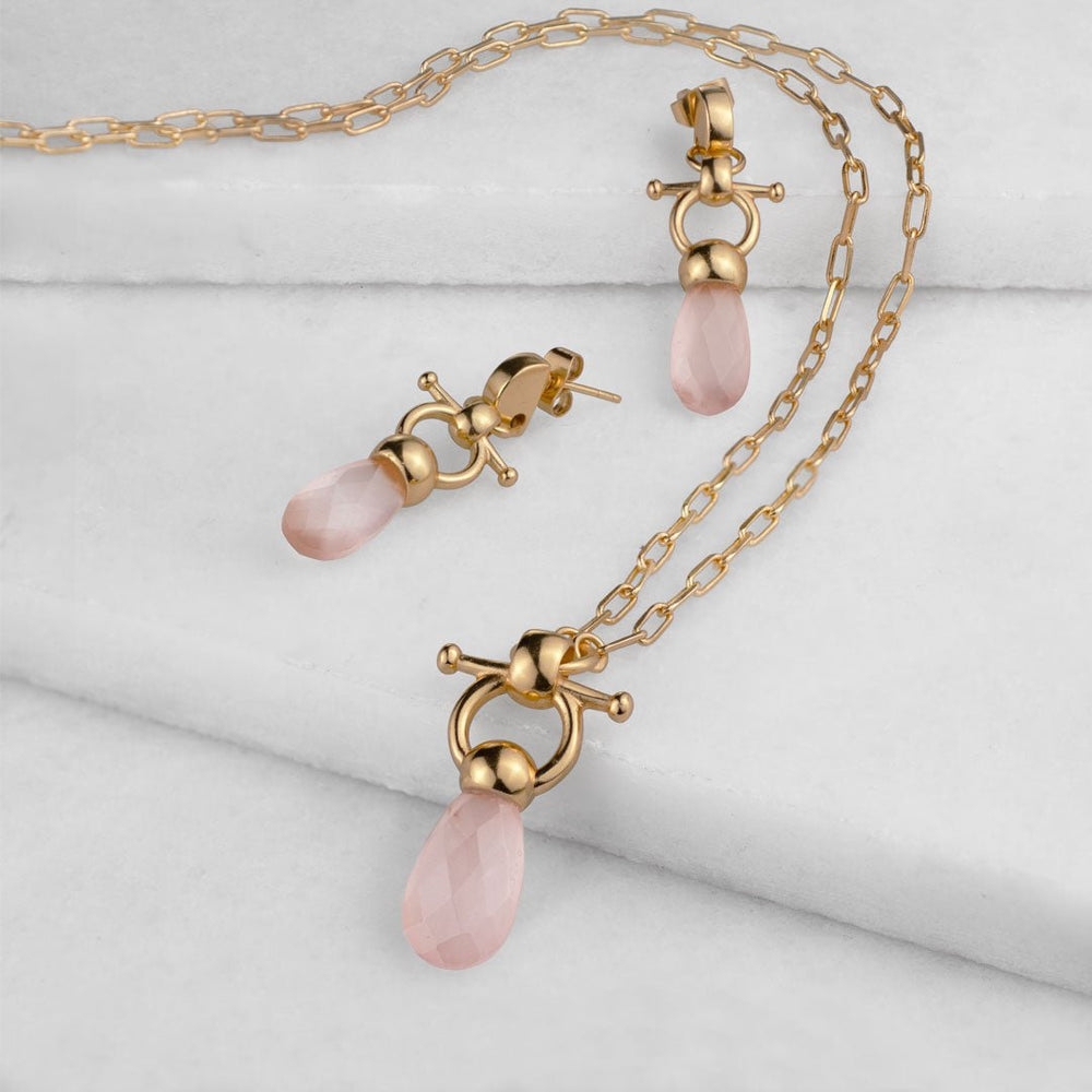 Droplette - Rose Quartz Equestrian Horse Bit Necklace in Gold