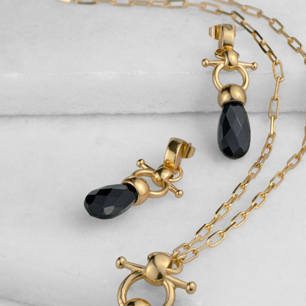 Droplette - Black Onyx Horse Bit Earring Equestrian in Gold