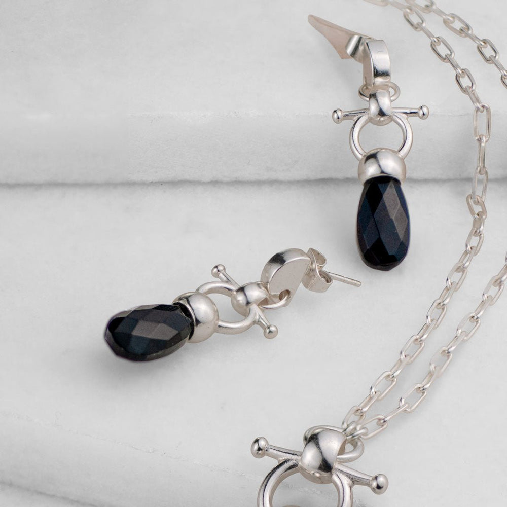Droplette - Black Onyx Horse Bit Equestrian Earring in Silver