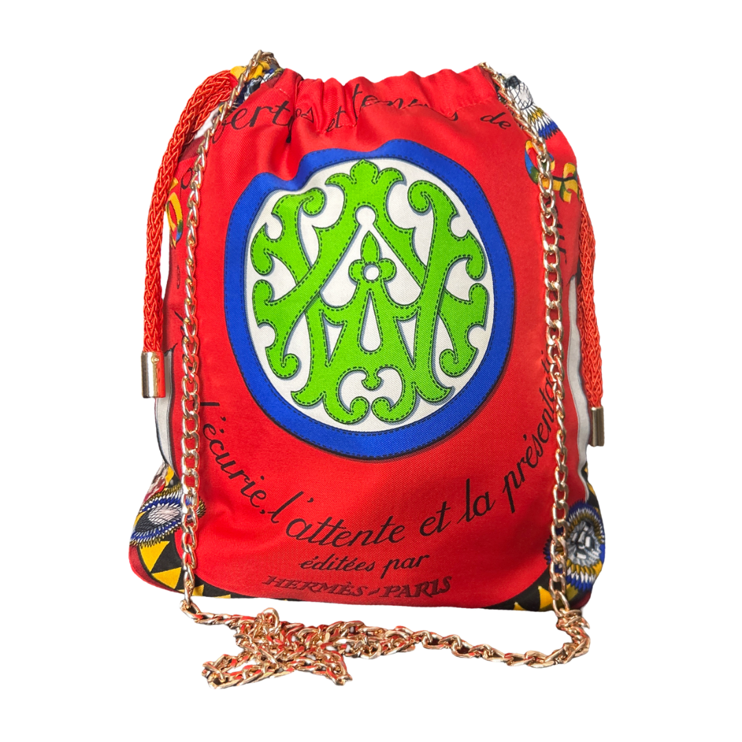 Couvertures et Tenues du Jour Red Vintage Silk Scarf Drawstring Crossbody Bag