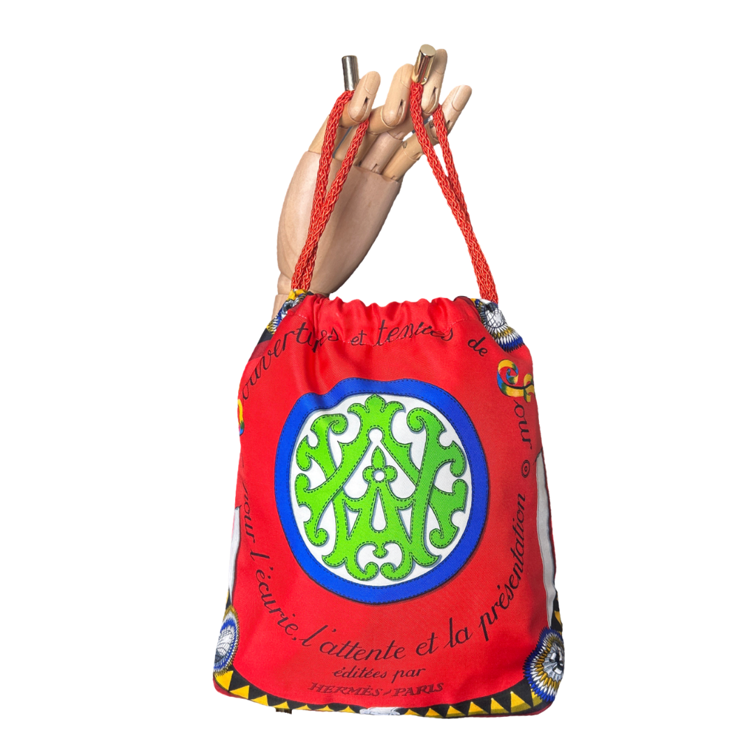 Couvertures et Tenues du Jour Red Vintage Silk Scarf Drawstring Crossbody Bag