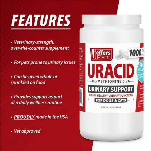 Jeffers Uracid DL-Methionine 0.2g Capsules for Dogs & Cats – Supports Urinary Tract, Reduces Urine Odor, Prevents Stones
