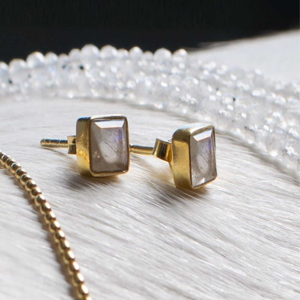 Keepsake - Facet Cut Moonstone Stud Earring in 14K Gold Vermeil