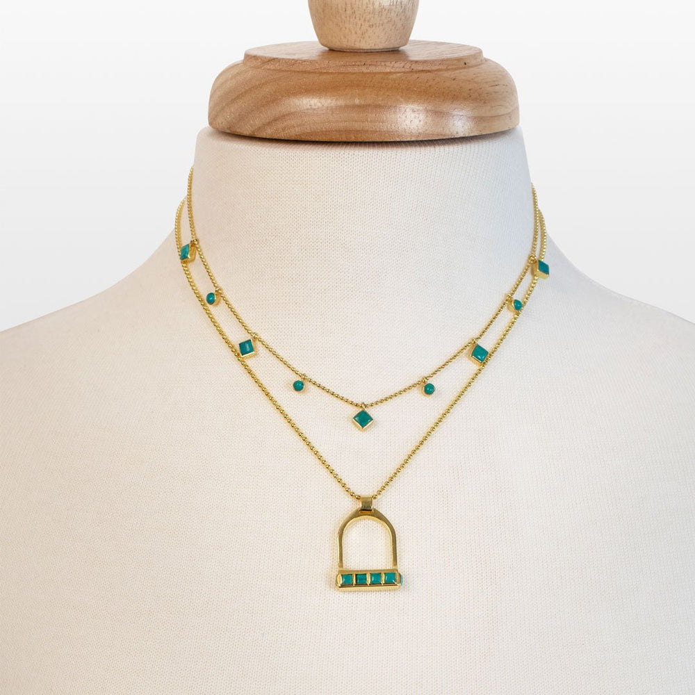 Keepsake - Turquoise Equestrian Riding Stirrup Necklace in Gold
