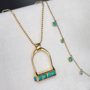 Keepsake - Turquoise Equestrian Riding Stirrup Necklace in Gold