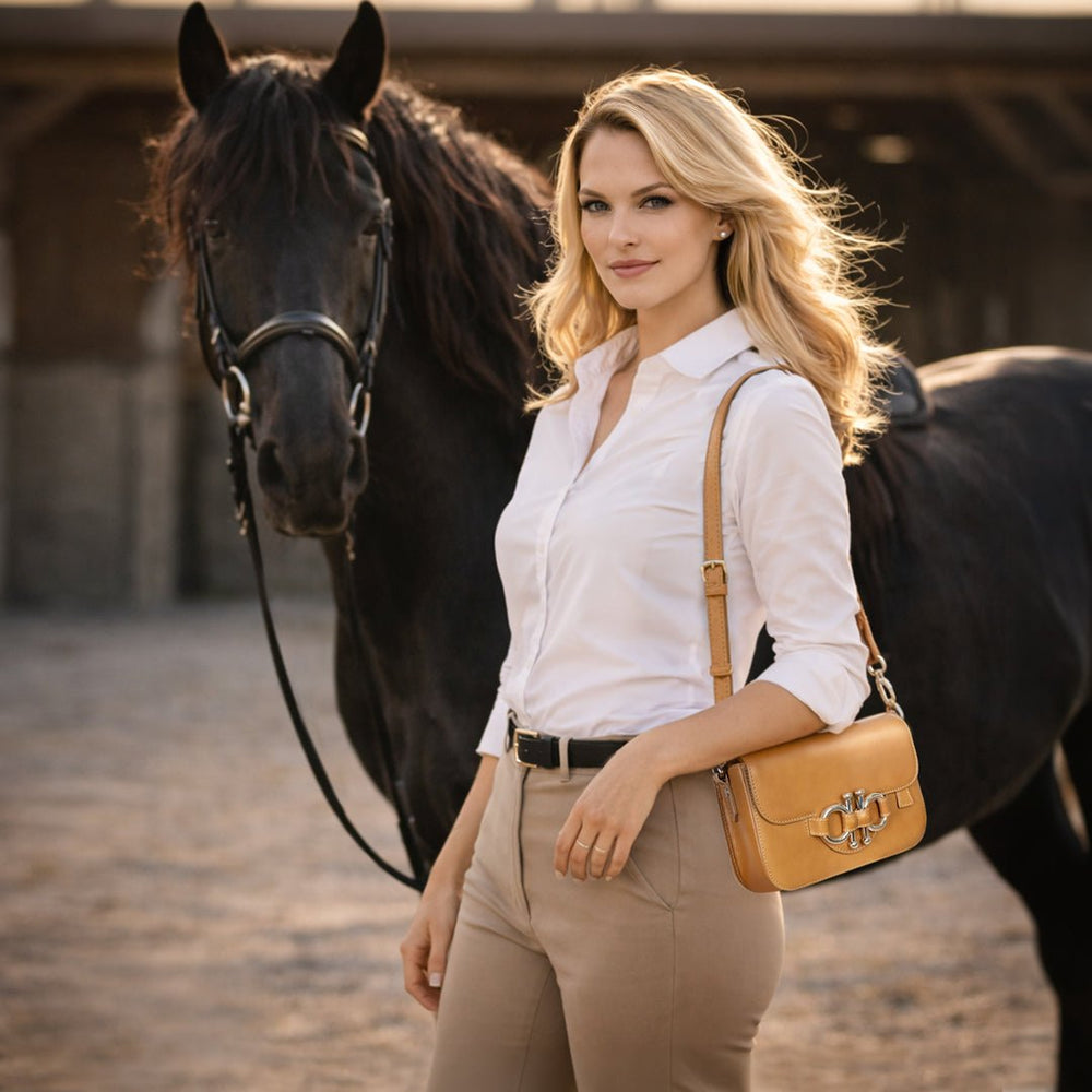 Lana - Horse Bit Crossbody Luxury Leather Bag in Caramel