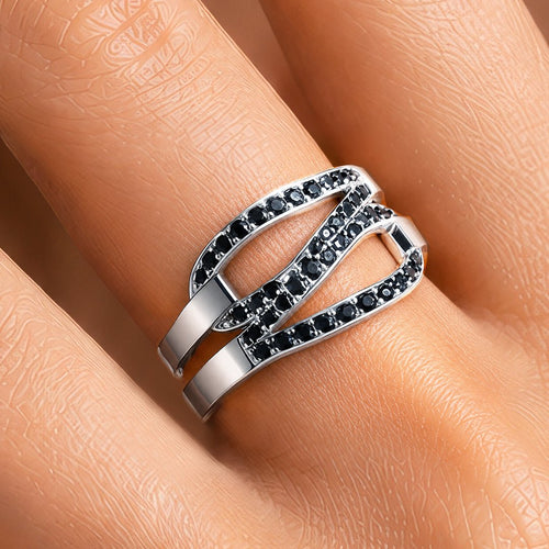 Levade - Black Moissanite Equestrian Horseshoe Ring in Silver