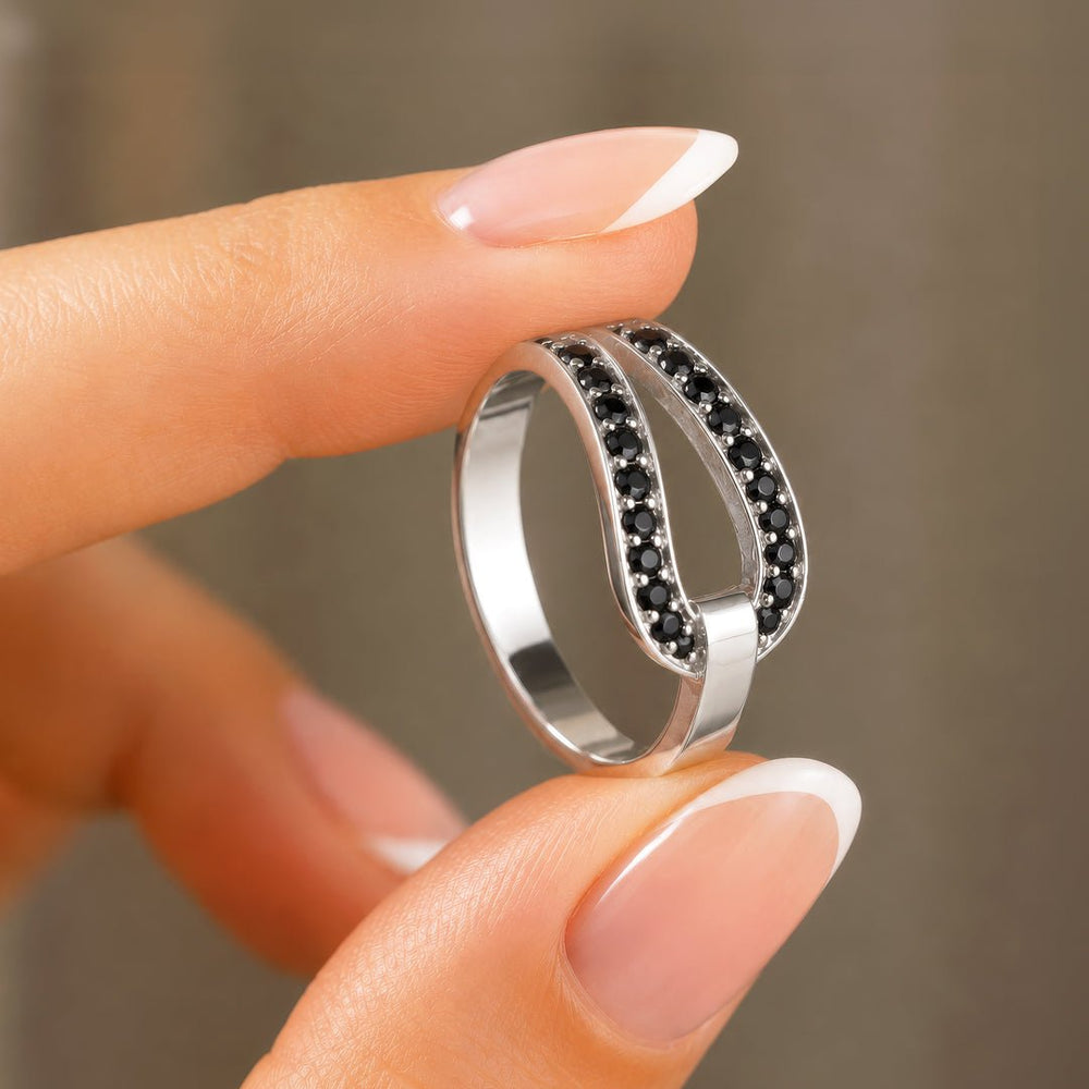 Levade - Black Moissanite Equestrian Horseshoe Ring in Silver