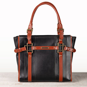 Paddock -  Halter Tote Luxury Leather Handbag in Cognac on Black