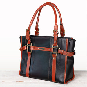Paddock -  Halter Tote Luxury Leather Handbag in Cognac on Black