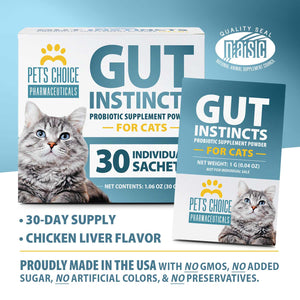 Pet’s Choice Gut Instincts Probiotic Supplement for Cats, Digestive & Immune Support, 30 Powder Packets, Made in USA