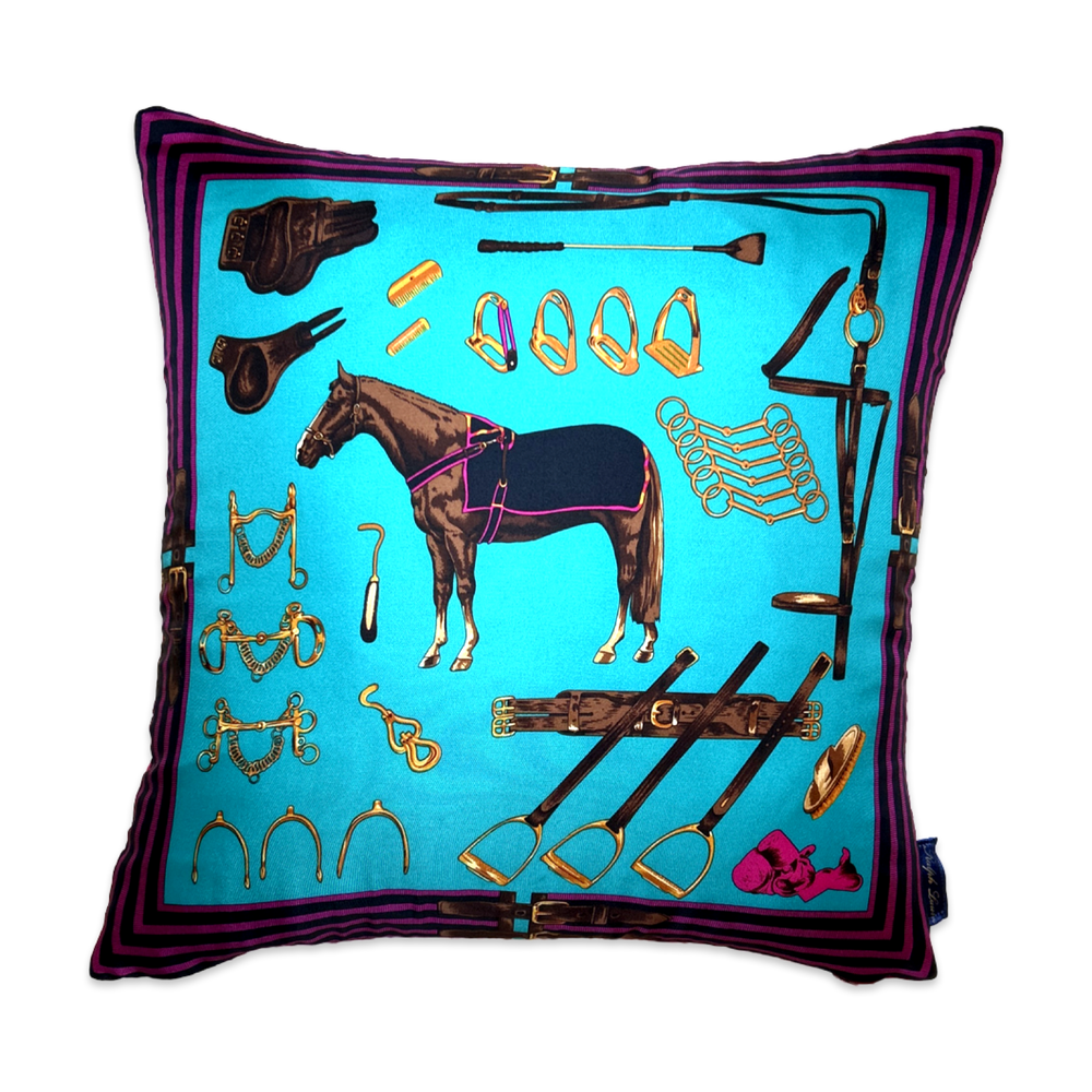 Equestrian Turquoise Vintage Silk Scarf Pillow 20"
