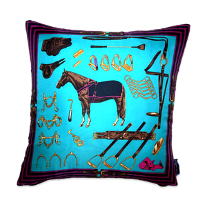 Equestrian Turquoise Vintage Silk Scarf Pillow 20"