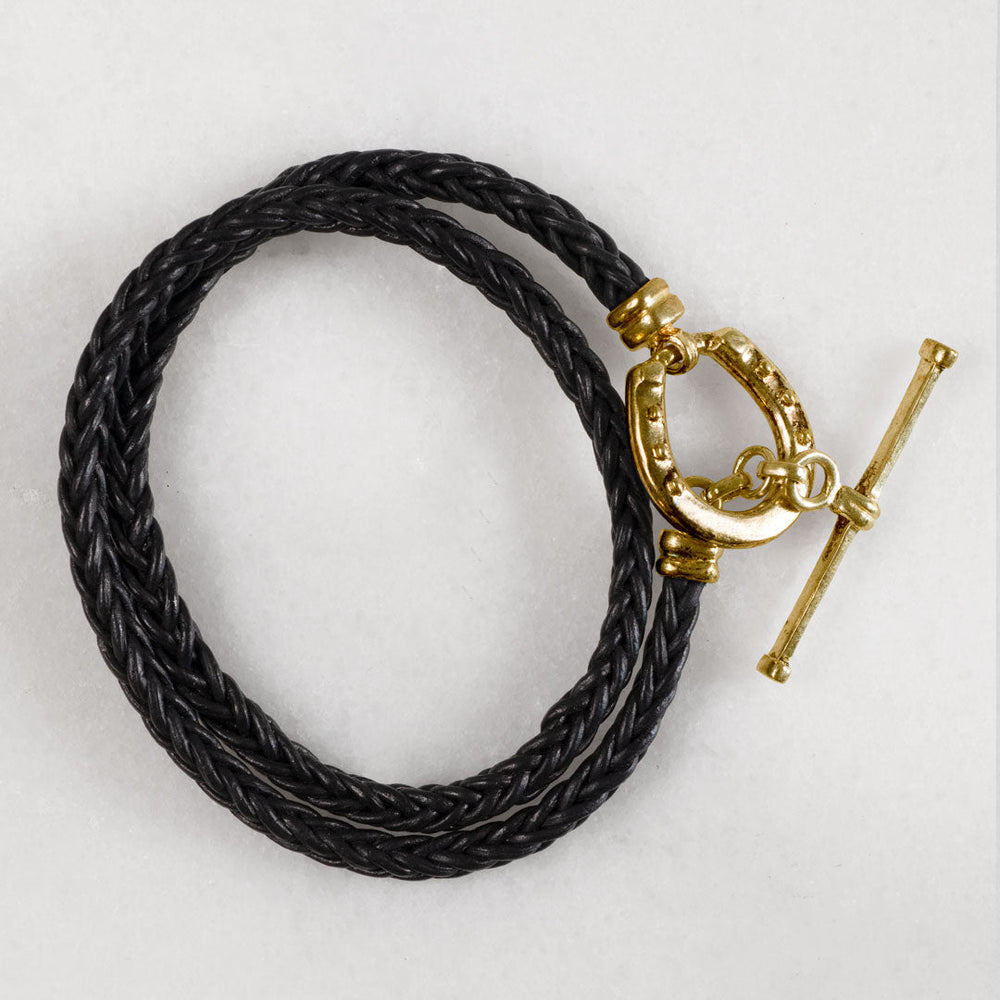 Roundup - Braided Leather Horseshoe Bracelet in Black & Gold
