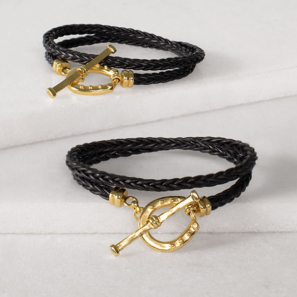 Roundup - Braided Leather Horseshoe Bracelet in Black & Gold