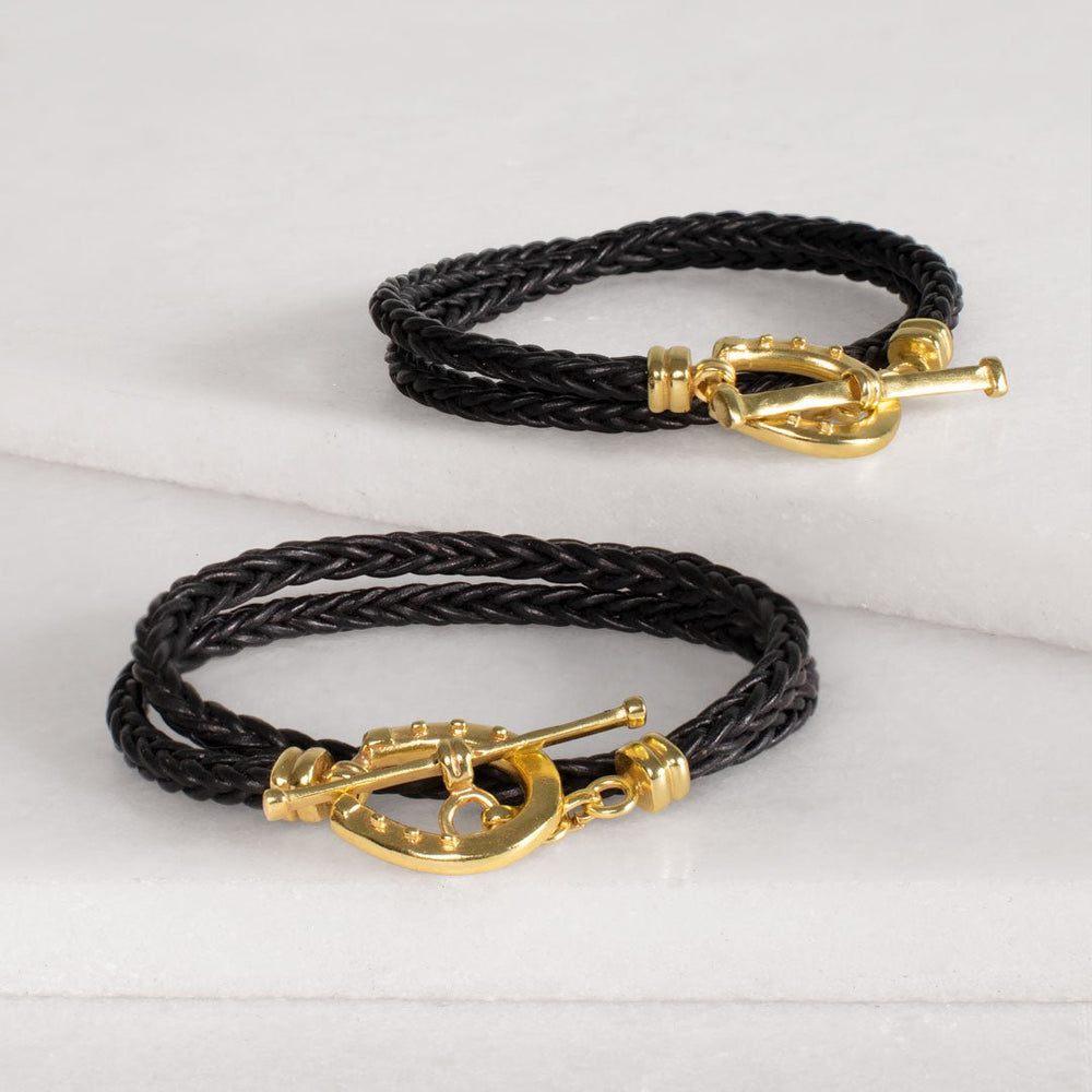 Roundup - Braided Leather Horseshoe Bracelet in Black & Gold