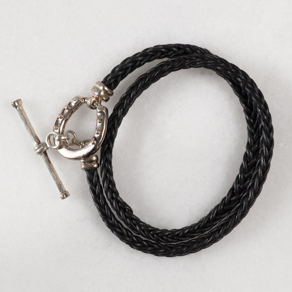 Roundup - Braided Leather Horseshoe Bracelet in Black & Silver