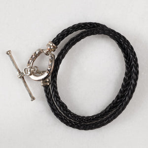 Roundup - Braided Leather Horseshoe Bracelet in Black & Silver
