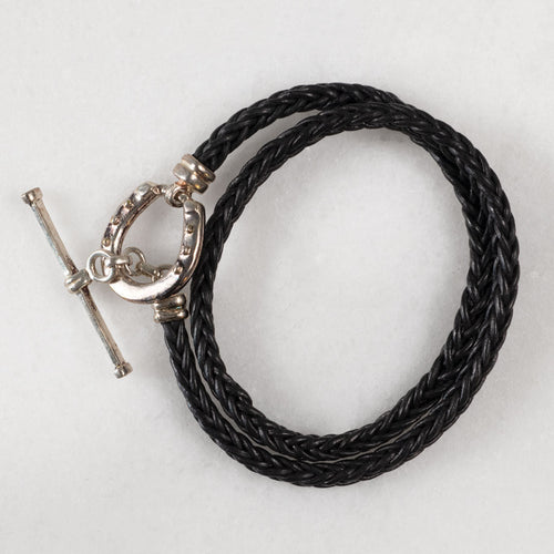 Roundup - Braided Leather Horseshoe Bracelet in Black & Silver
