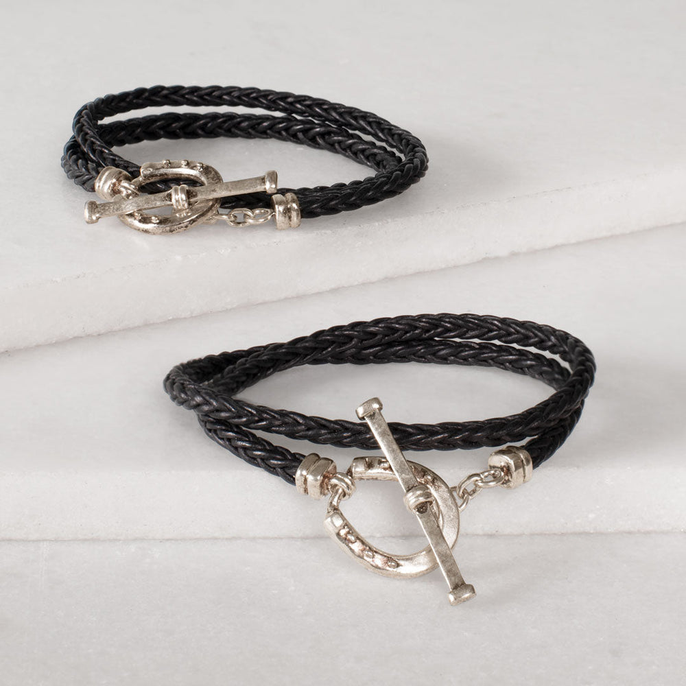 Roundup - Braided Leather Horseshoe Bracelet in Black & Silver