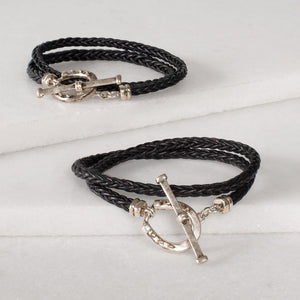 Roundup - Braided Leather Horseshoe Bracelet in Black & Silver