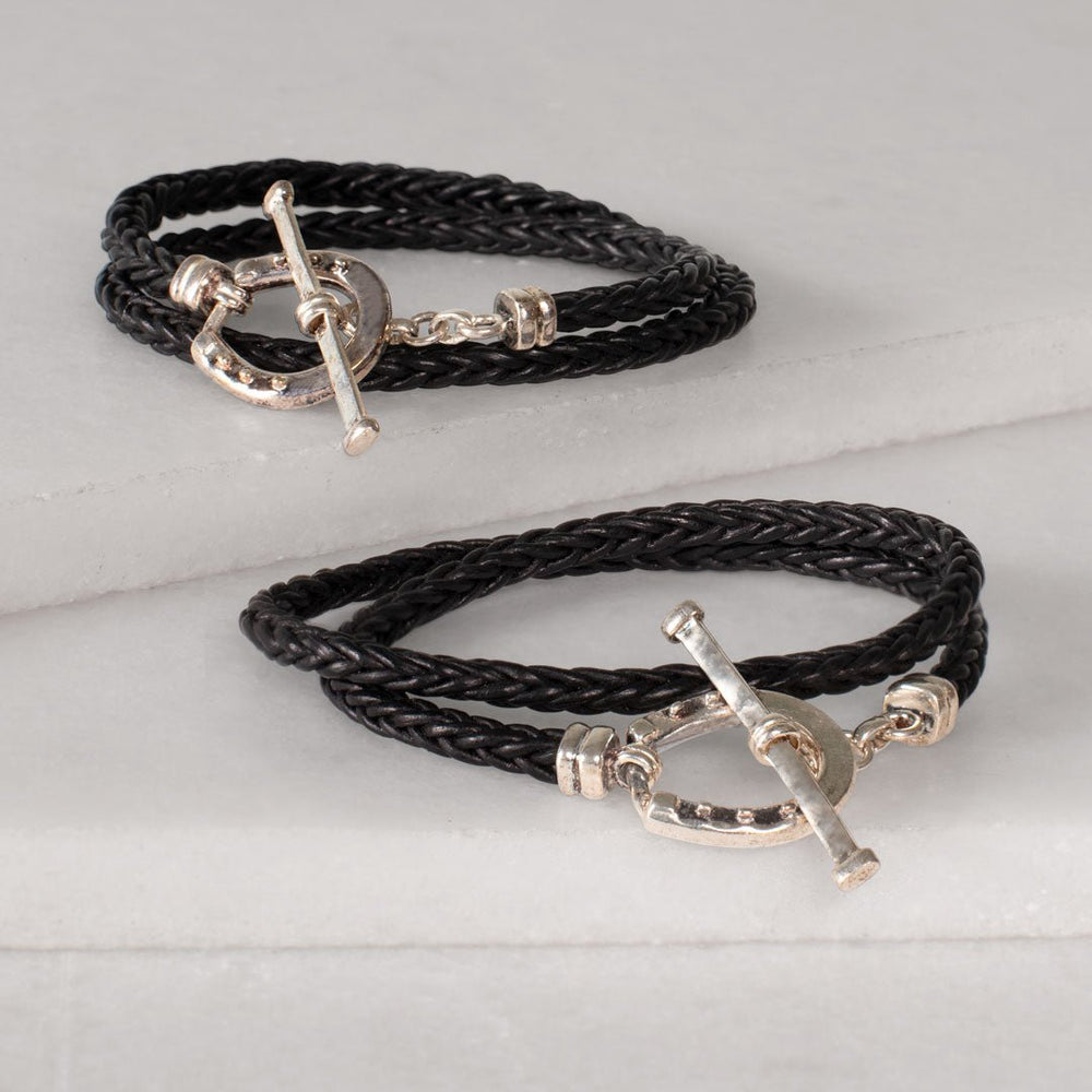Roundup - Braided Leather Horseshoe Bracelet in Black & Silver