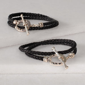 Roundup - Braided Leather Horseshoe Bracelet in Black & Silver