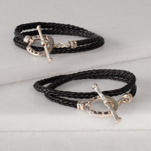 Roundup - Braided Leather Horseshoe Bracelet in Black & Silver
